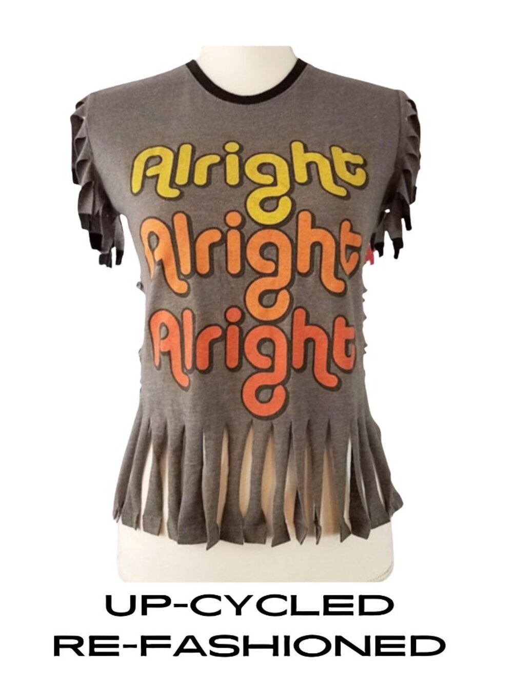 MIGHTY FINE Upcycled Remade Graphic Fringed Summer Festival T-Shirt - Women's M